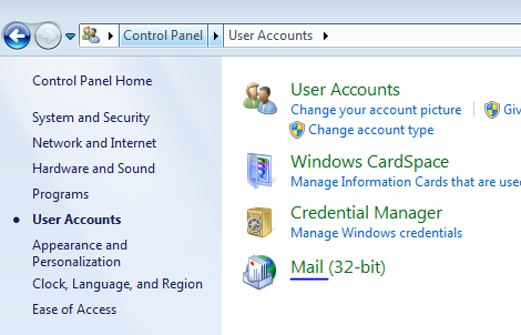 Go to Start, Control Panel, User Accounts, Mail