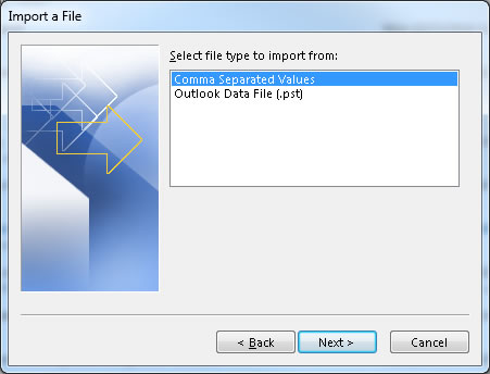 Select file type to import from