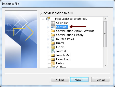 Select destination folder screen