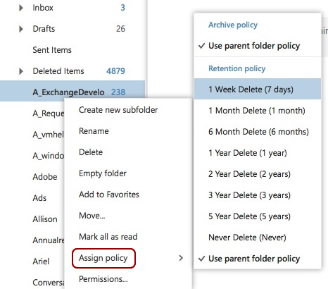 Assign policy option in the context menu
