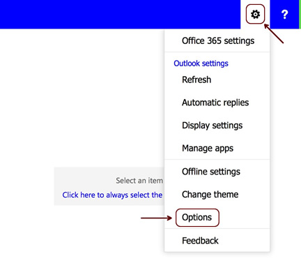 Access Outlook Web App Options menu