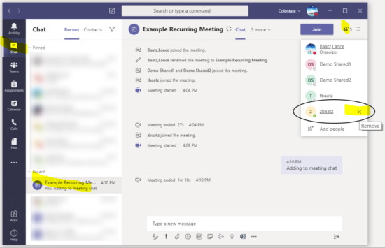 Remove an account from a meeting chat.